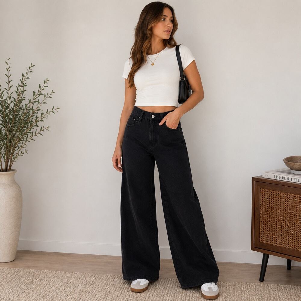 Zara Black Mid Rise Loose Fit Wide Leg Jeans Sz 8 NWT - Picture 10 of 10